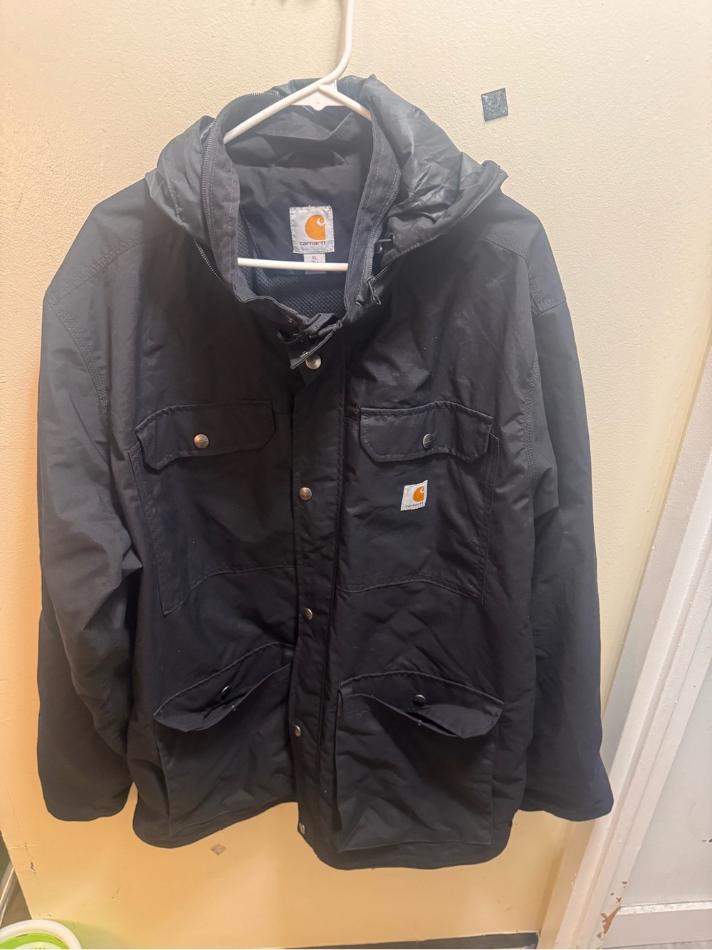 Carhartt Black Hooded Field Jacket with Logo Patch size XLT